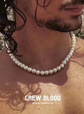 CREW欧美复古天然贝壳珍珠项链男百搭hiphop锁骨链嘻哈街头