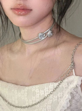 银灰银色玫瑰双层颈链链小众项链甜酷辣妹锁骨choker气质2024ins