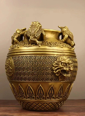 黄铜金蟾纳四方财铜聚宝盆摆件开业礼品铜蟾蜍存钱罐客厅家居摆设