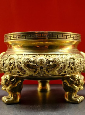 黄铜九龙香炉摆件大号客厅家用中式佛堂室内三足香炉熏炉o