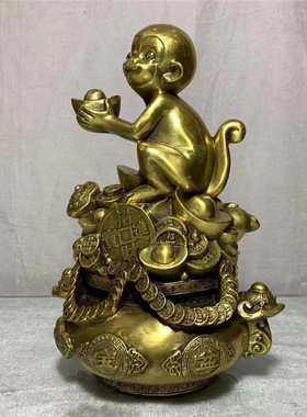 铜猴子摆件纯铜金猴献宝生肖猴客厅办公室店铺装饰品聚宝盆o