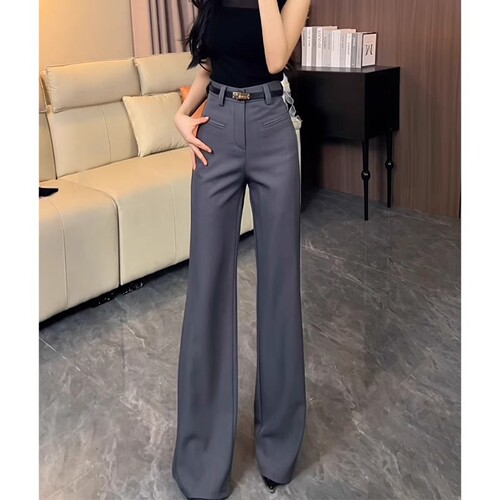 灰色高级感气质微喇西装裤女2026年秋季新款高腰压褶不贴腿喇叭裤 - 图0