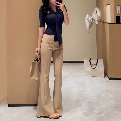 卡其色微喇休闲裤2025夏季新款高级感气质简约百搭垂感显瘦西装裤 - 图1