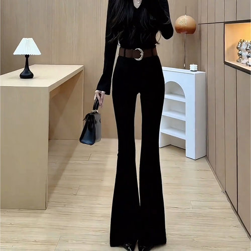 黑色辣妹高腰微喇叭裤子女秋季新款时尚休闲修身垂感拖地马蹄长裤 - 图3