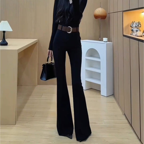 黑色辣妹高腰微喇叭裤子女秋季新款时尚休闲修身垂感拖地马蹄长裤 - 图1