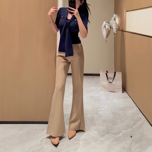 卡其色微喇休闲裤2025夏季新款高级感气质简约百搭垂感显瘦西装裤 - 图0