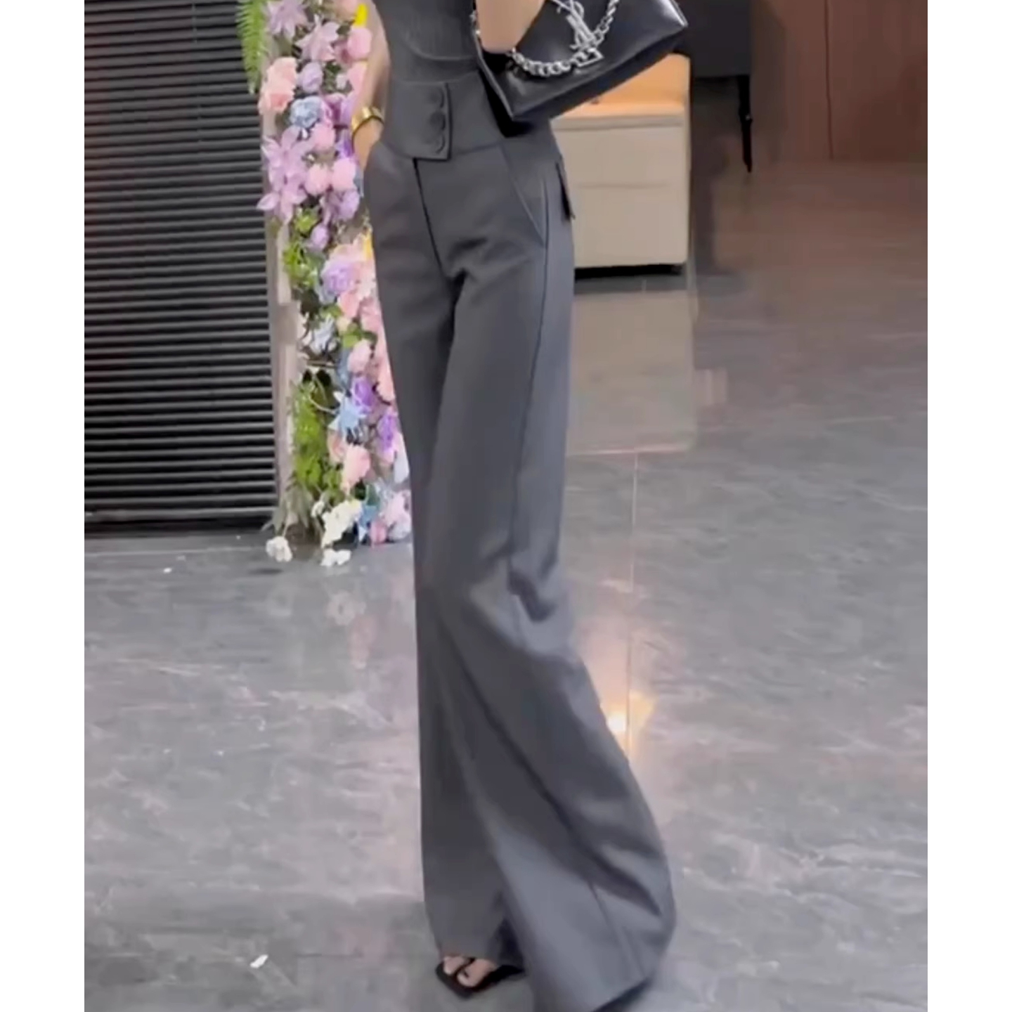 高级感欧货灰色高腰排扣2025秋冬设计直筒垂坠感休闲阔腿西装裤女 - 图0