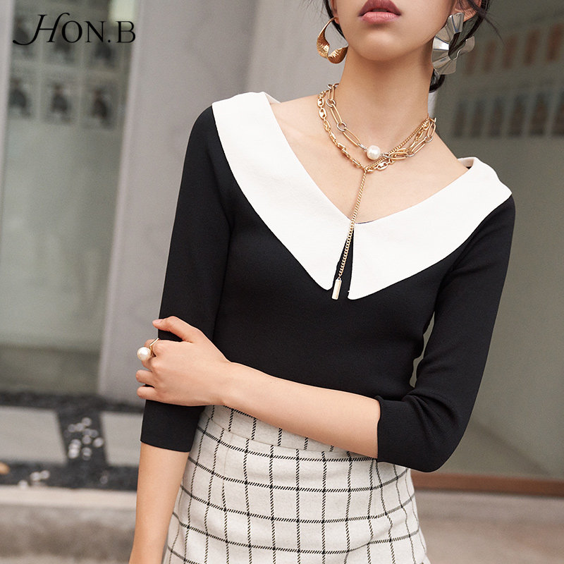 honb红贝缇秋季新款七分袖套头衫 honb红贝缇毛针织衫