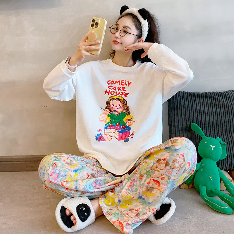韩版卡通睡衣女长袖春秋冬加厚纯棉甜美可爱休闲可外穿圆领家居服,淘宝优惠券,粉丝福利购,淘宝优惠卷