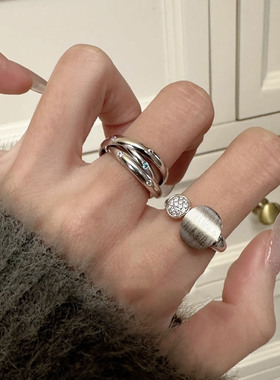 925纯银镶钻椭圆拉丝开口戒指高级感小众设计时尚叠戴新款女指环