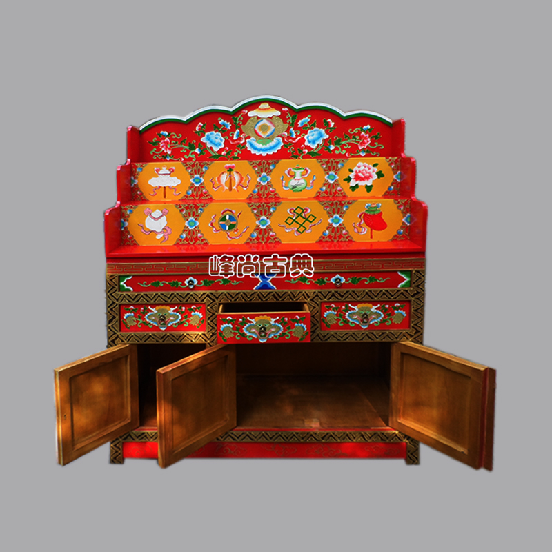 实木藏式彩绘佛柜 西藏三级佛龛供桌 新中式立柜佛堂柜 密宗佛台 - 图2