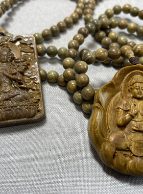 绿檀木文殊 绿檀木普贤，学生解压装饰品 成套