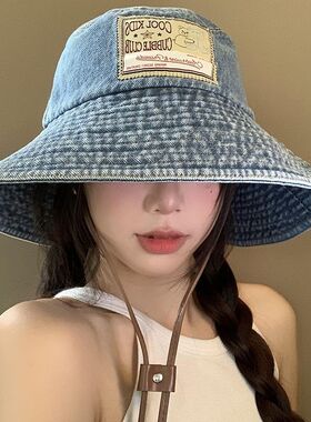韩系贴布牛仔渔夫帽休闲百搭户外出游复古显脸帽檐盆帽遮阳防晒帽
