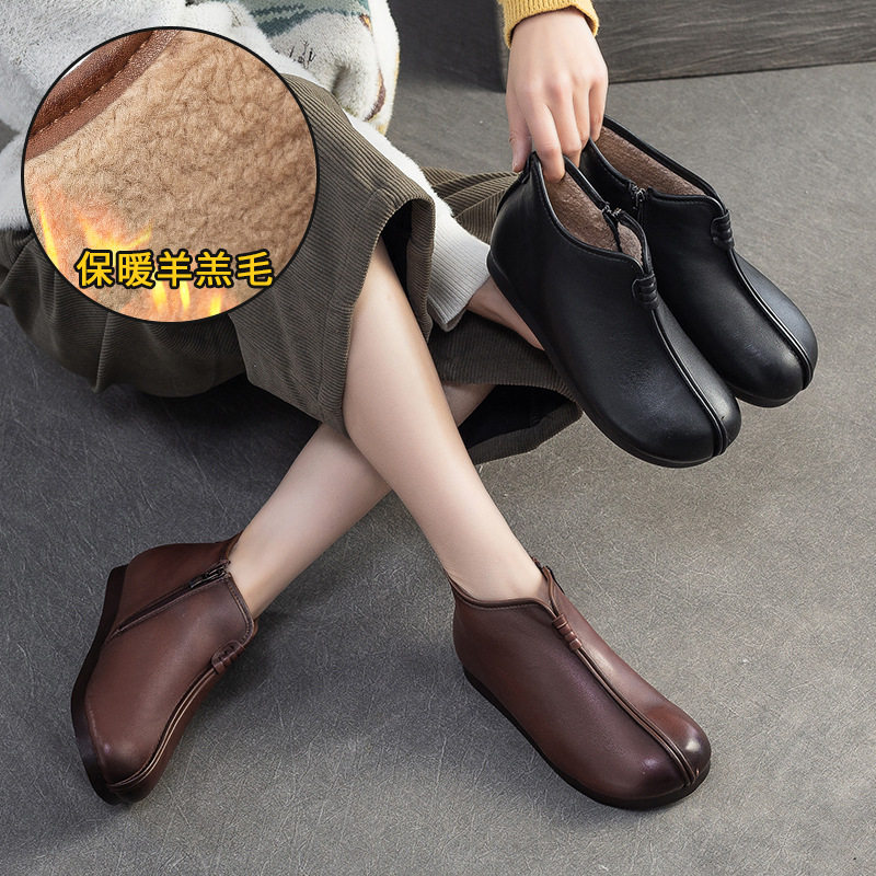 经典老北京棉鞋女头层牛皮羊羔毛防滑软底平跟妈妈鞋加绒短靴棉靴,淘宝优惠券,粉丝福利购,淘宝优惠卷