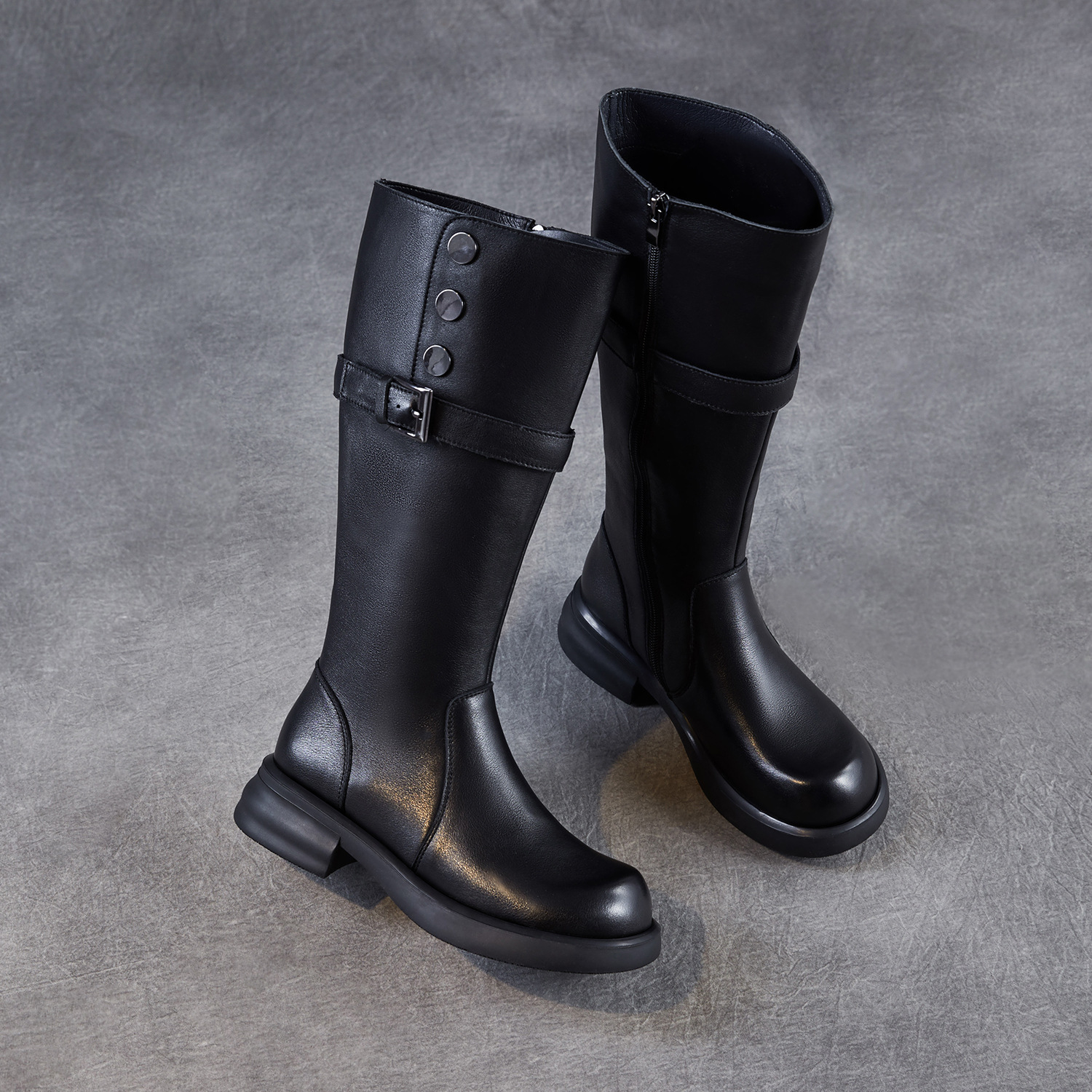 头层牛皮复古厚底骑士靴女2025新款秋显瘦圆头皮带扣粗跟长筒靴子 - 图2