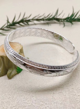 胜银·新款亮面开口纯银手镯莲花鱼清新淡雅百搭经典时尚足银999