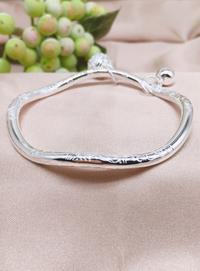胜银·宫铃闭口足银999独特波浪型雕刻细花女生纯银亮面手环百搭