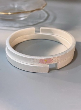 胜银·莲花国风彩色珐琅荷花古法磨砂哑光实心开口足银999手镯