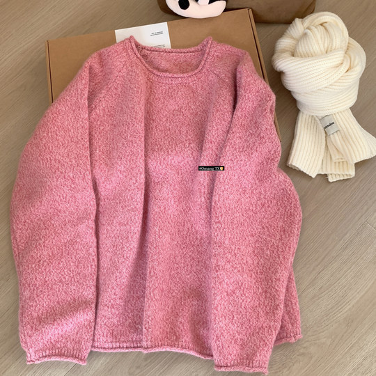 Omang桃喜 霉粉色花线圆领毛衣女秋冬氛围感宽松甜美风插肩袖线衫