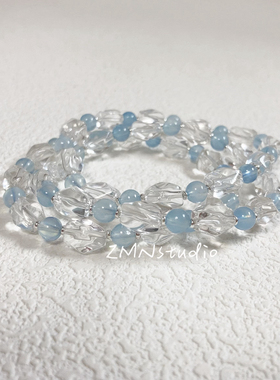 ZMN/空境/清新温柔925纯银晶莹清透天然白水晶海蓝宝石弹力手串