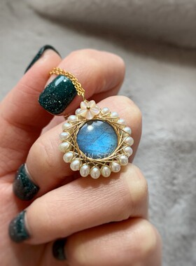 ZMN/花间舞/小众设计天然蝶贝花朵珍珠拉长石手工绕线14K吊坠项链