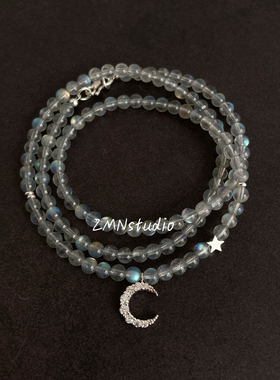 ZMN/夏弦/原创设计天然透体强光灰月光拉长石925纯银星星月牙项链