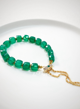 ZMN/庭芜/小众设计百搭气质精致进口刻面祖母绿色绿玉髓抽拉手链