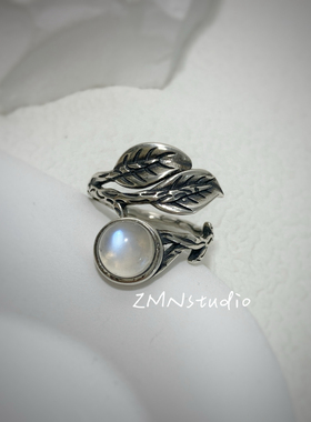 ZMN/月屿/小众设计复古质感925纯银枝叶天然蓝光月光石开口戒指女