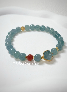 ZMN/花溪/中式复古925纯银镀金天然南红玛瑙蓝水危料翡翠花朵手串