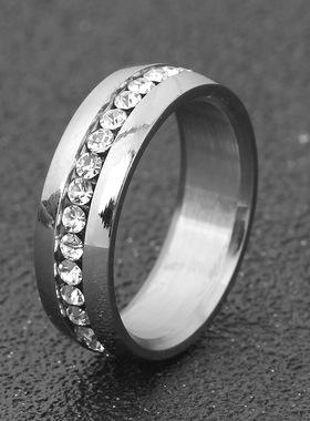 欧美跨境6MM复古做旧简约个性单排镶锆不锈钢戒指钛钢批发热卖女