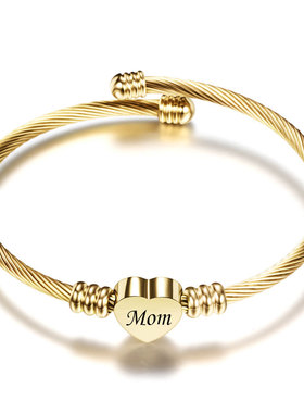 跨境热卖11MM爱心雕刻MoM字母不锈钢编织18K金电缆线钛钢手镯批发