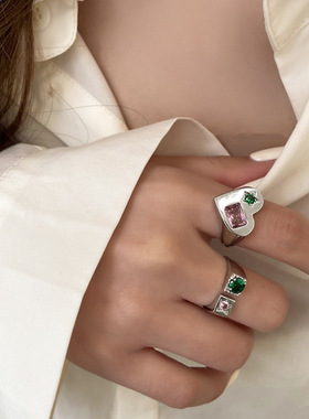 多彩闪亮锆石戒指女复古时尚S925银爱心星星开口指环气质食指戒潮