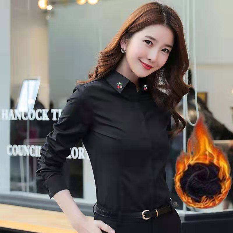 【加绒加厚】秋冬新款白色带钻领衬衫女长袖宽松大码女装打底衬衣,淘宝优惠券,粉丝福利购,淘宝优惠卷