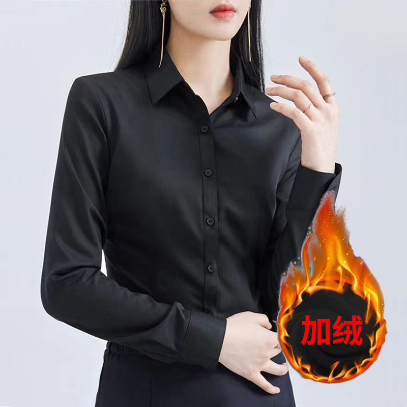 白色加绒衬衫女长袖秋冬加厚保暖职业装大码工装工作服百搭衬衣女