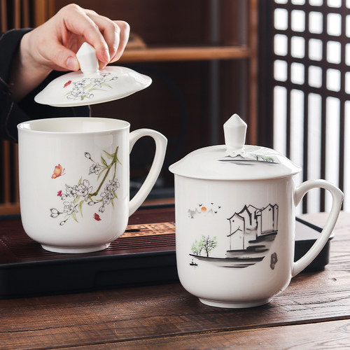 陶瓷茶杯大号带盖带手柄老板杯办公杯会议杯超大瓷器家用水杯酒店 - 图1