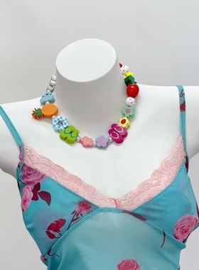 日韩ins夏日海岛度假多巴胺彩色可爱童趣花朵串珠绑带choker项链