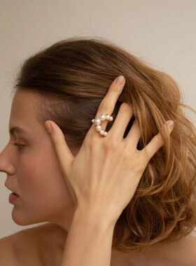 小众设计师款个性简约金属镀金镶嵌珍珠开口戒指婚纱礼服配饰女式