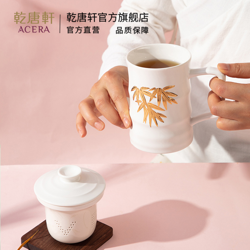 乾唐轩活瓷杯泡茶杯办公室竹节三件杯茶水分离陶瓷水杯礼盒装茶具-图2