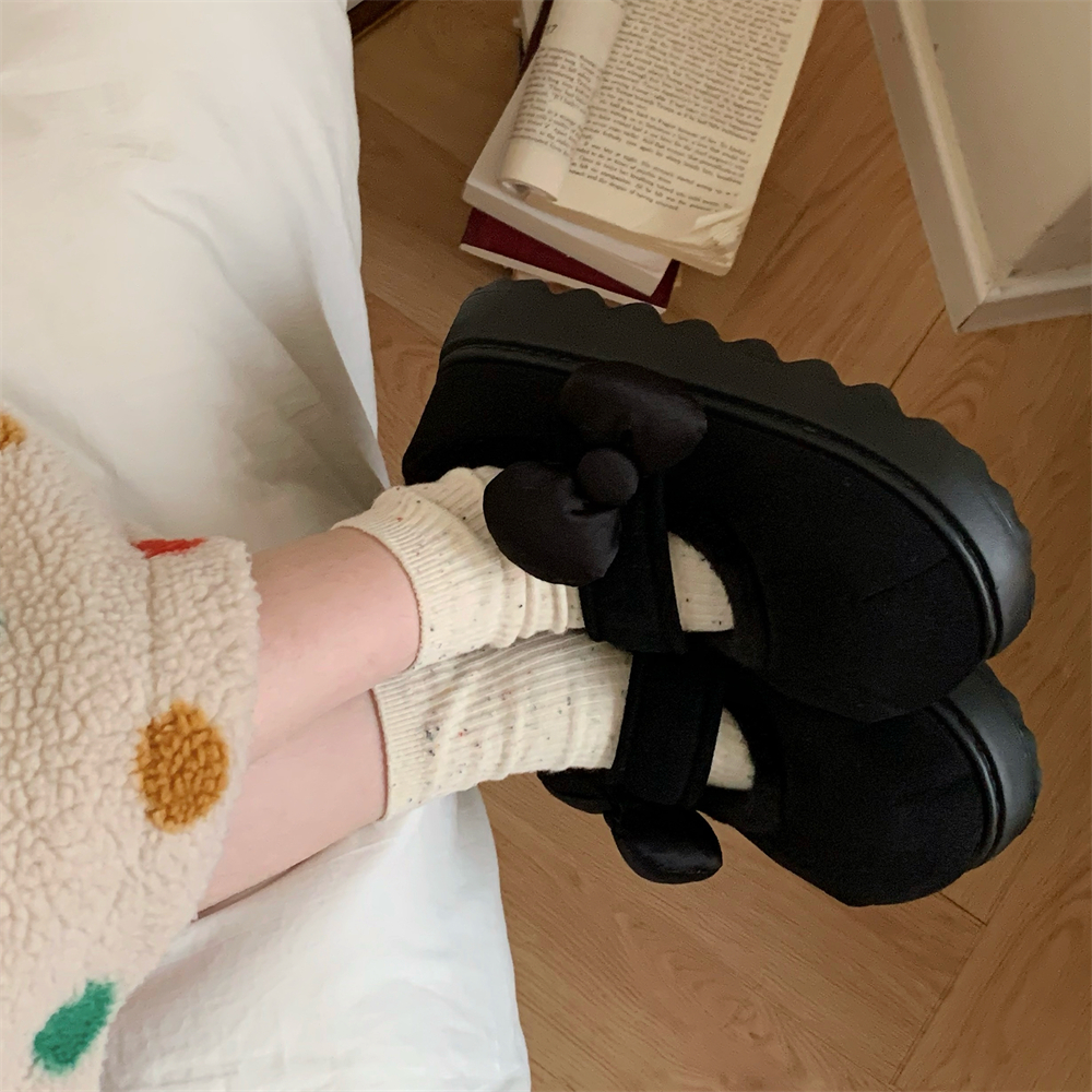 细细条 少女心学院风玛丽珍棉鞋女冬甜美蝴蝶结外穿魔术贴豆豆鞋 - 图3