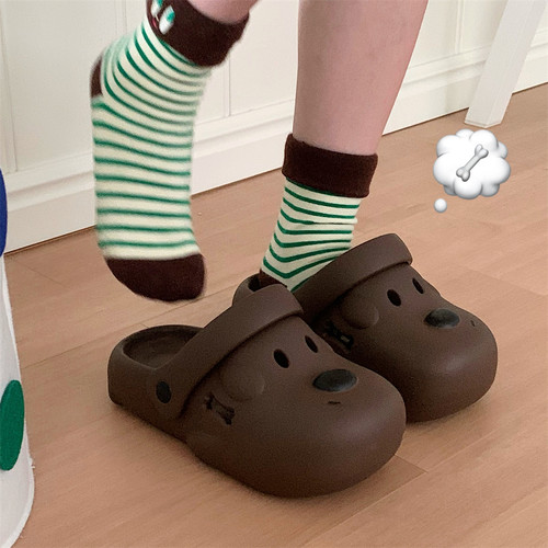 细细条 可爱狗狗情侣拿铁色凉拖夏百搭趣味EVA厚底男女沙滩洞洞鞋 - 图0