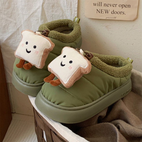 细细条 可爱腮红吐司情侣棉拖鞋保暖冬季室外厚底居家月子鞋男女 - 图0