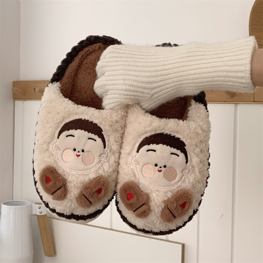 细细条 情侣可爱卡通棉拖鞋男女冬季半包跟厚底保暖毛绒绒月子鞋 - 图1