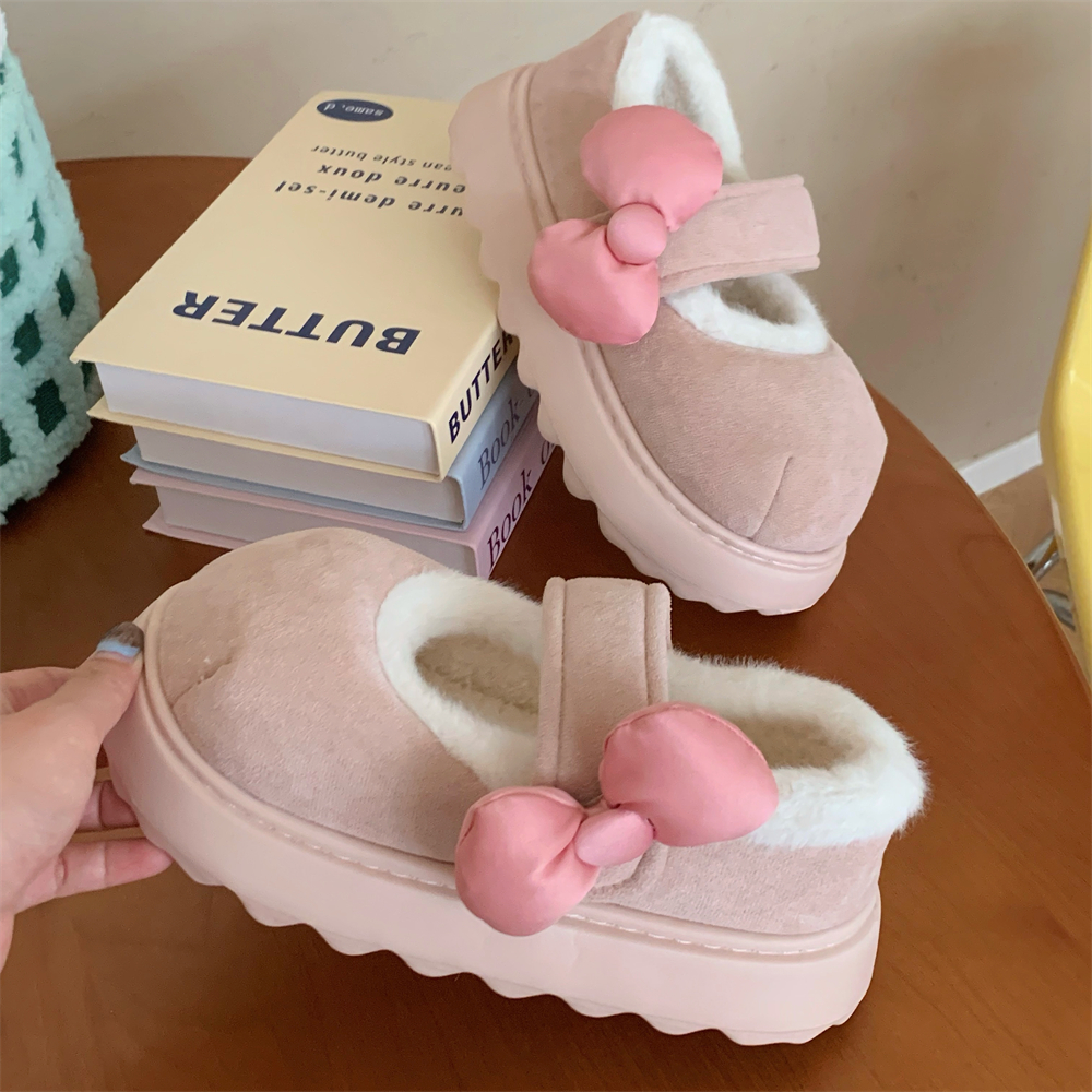 细细条 少女心学院风玛丽珍棉鞋女冬甜美蝴蝶结外穿魔术贴豆豆鞋 - 图1