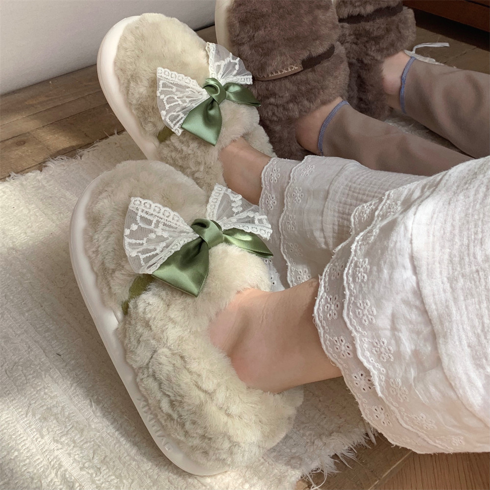 细细条 蕾丝蝴蝶结全包跟月子鞋女防滑居家冬季仙女风保暖棉拖鞋,淘宝优惠券,粉丝福利购,淘宝优惠卷