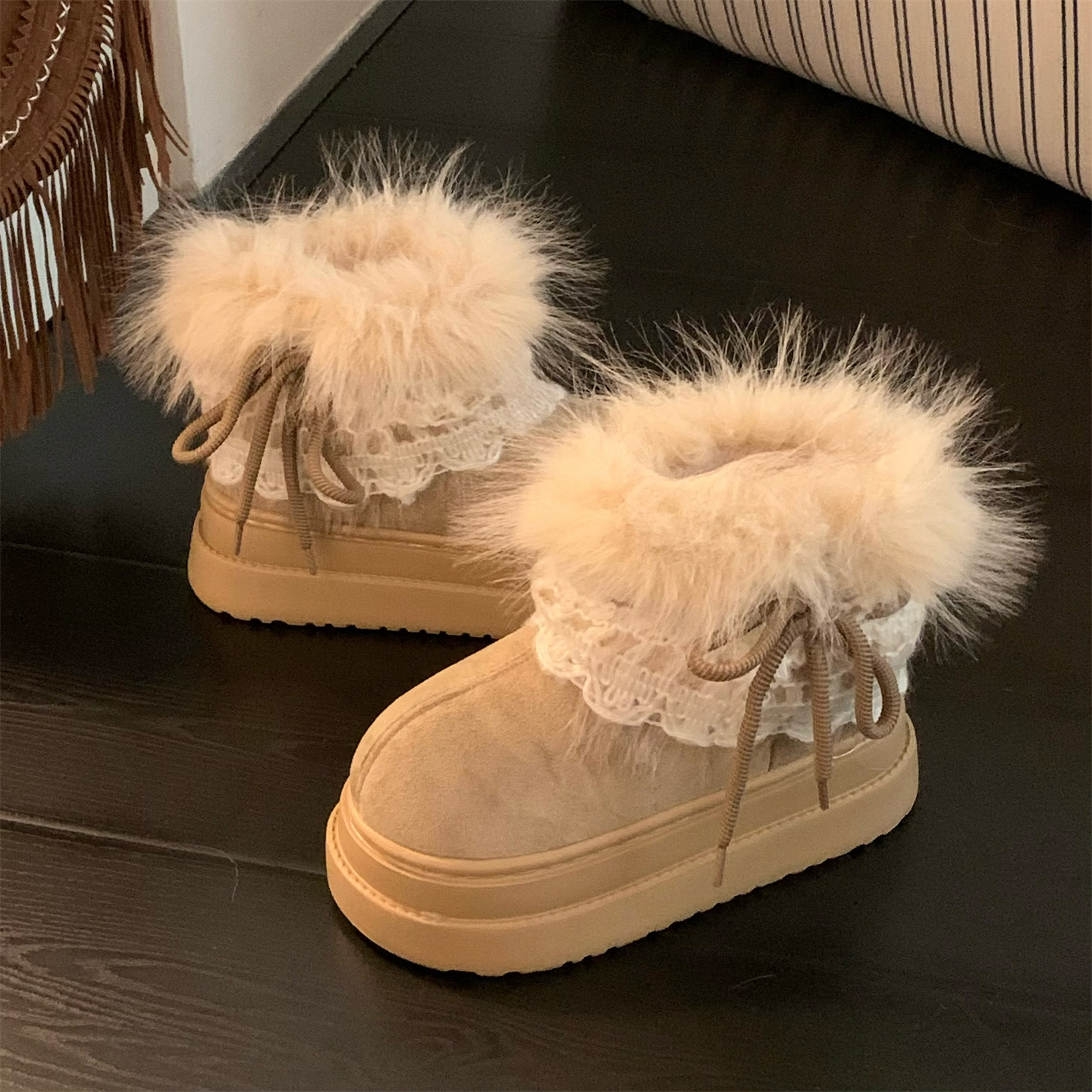 细细条 增高厚底费尔岛毛毛雪地靴女冬季保暖加绒户外时尚短靴ins - 图3