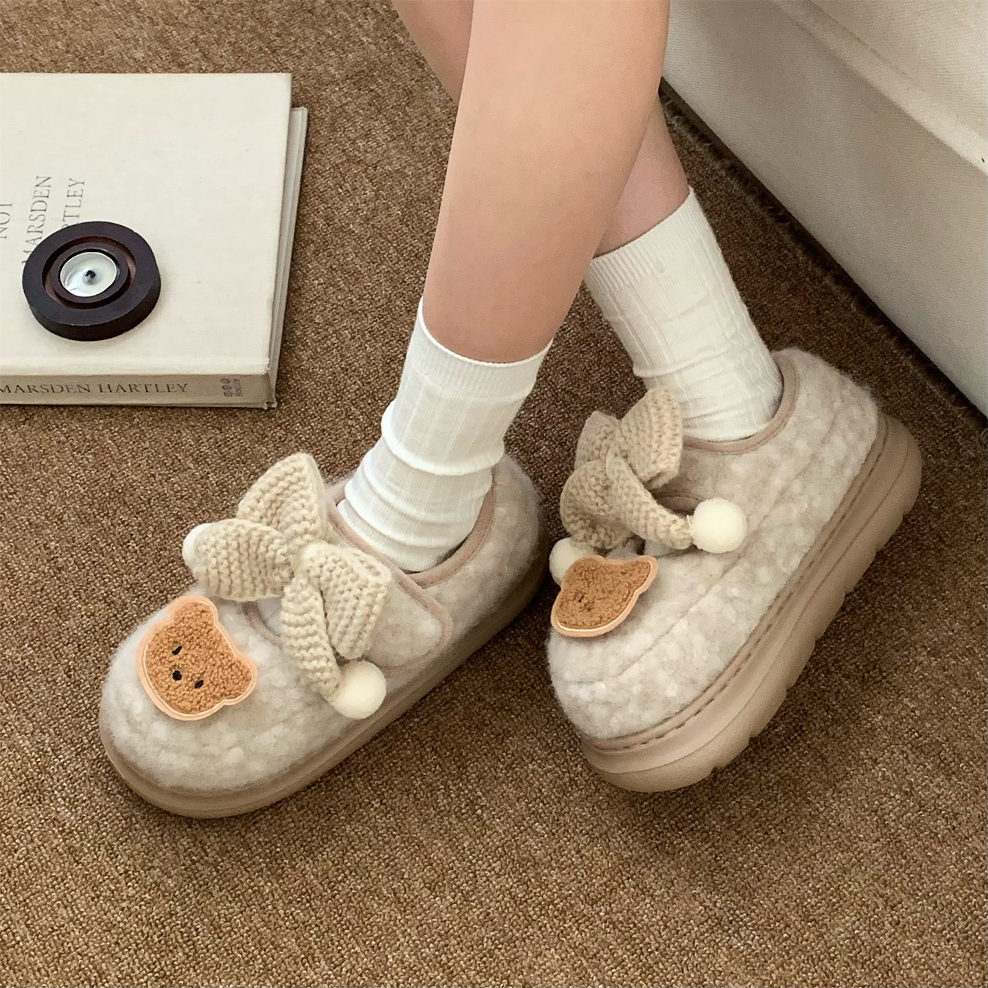 细细条 厚底玛丽珍豆豆鞋女ins可爱小熊防滑冬外穿网红魔术贴棉鞋,淘宝优惠券,粉丝福利购,淘宝优惠卷