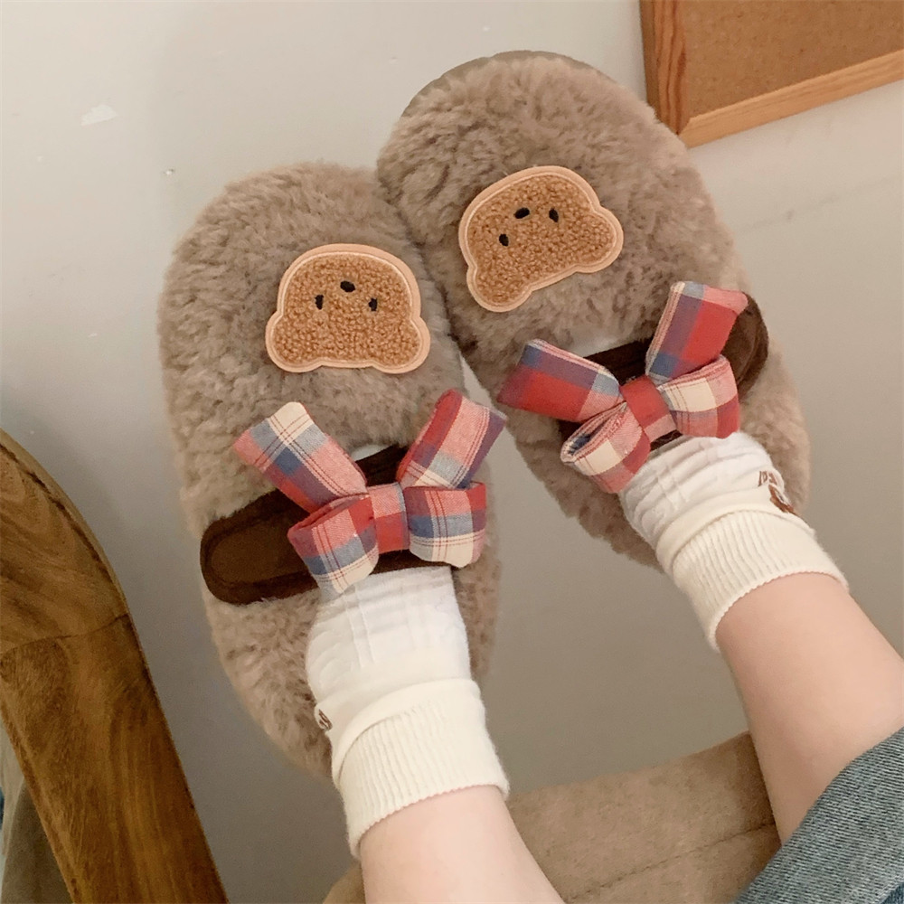 细细条 魔术贴毛毛单鞋复古格子蝴蝶结小熊冬季新款女士外穿棉鞋,淘宝优惠券,粉丝福利购,淘宝优惠卷