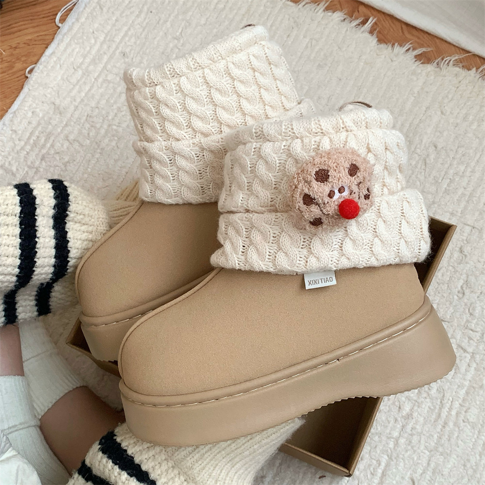 细细条 增高外穿冬季中筒棉靴趣味红鼻子曲奇饼干ins拼色雪地靴女,淘宝优惠券,粉丝福利购,淘宝优惠卷