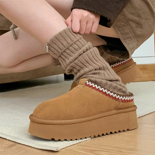 细细条 真牛皮羊毛民族风厚底雪地靴女冬时尚增高保暖毛毛半拖鞋 - 图1