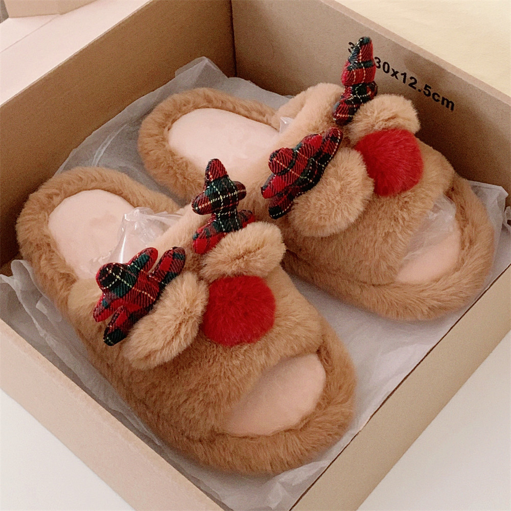细细条 卡通圣诞麋鹿一字毛毛拖鞋男女可爱秋冬季情侣居家棉拖鞋,淘宝优惠券,粉丝福利购,淘宝优惠卷